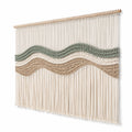 Makramee Wandbehang 90 x 110 cm aus Baumwolle in Beige Grün mit Holzstab im Boho Stil