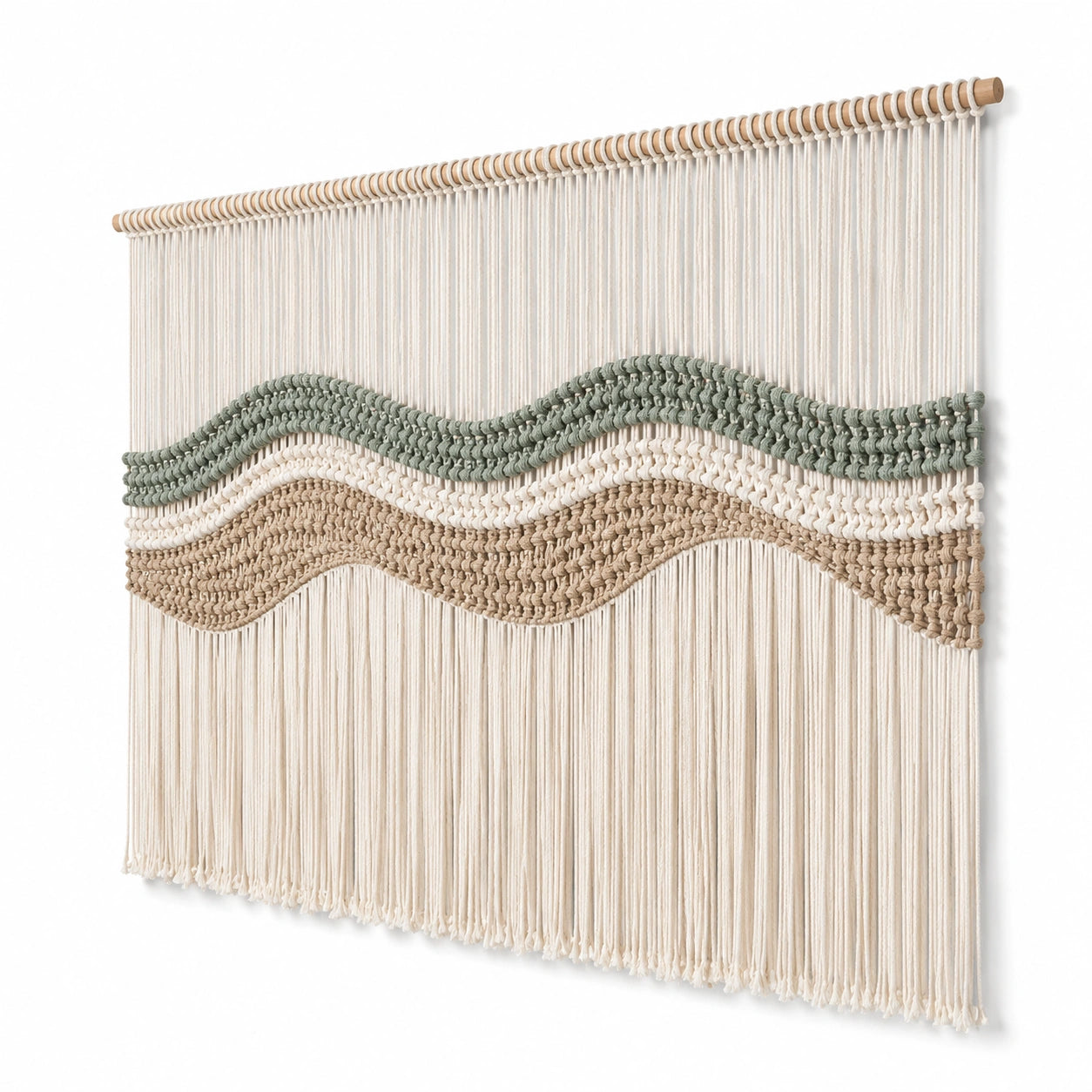 Makramee Wandbehang 90 x 110 cm aus Baumwolle in Beige Grün mit Holzstab im Boho Stil