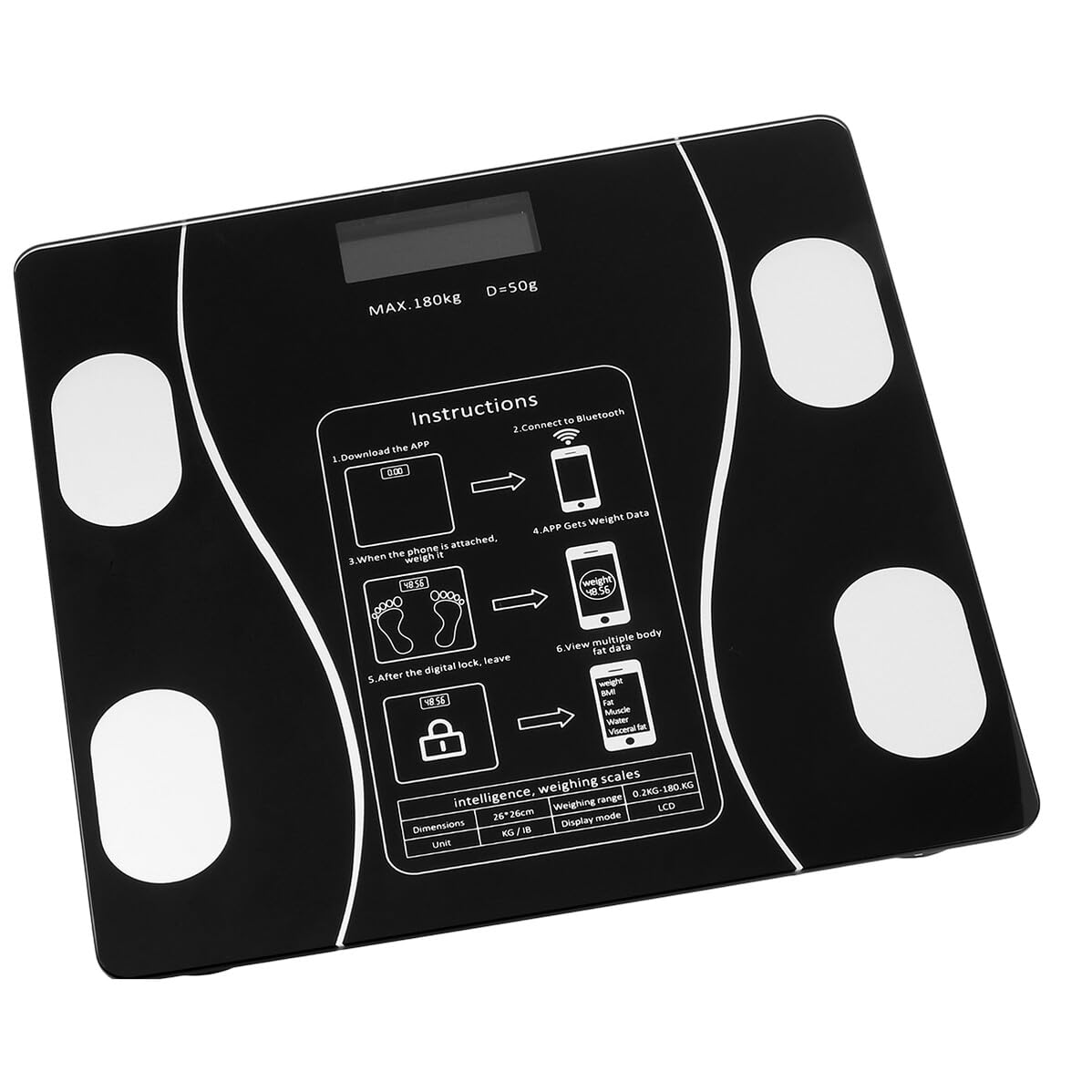 Cyfrowe VICASKY, 26.00 x 26,00 x 2,30 cm – 0,1 kg, Czarny, oświetlenie LED, USB – Balance, do pomiaru ciała i tłuszczu mięśniowego czarny A, LED ekran