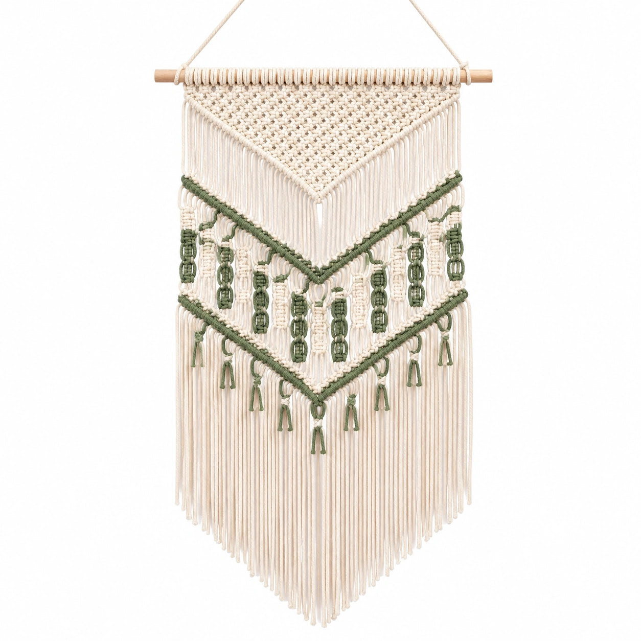 Makramee Wandteppich 45 x 85 cm aus Baumwollkordel in Creme Grün mit Holzstab