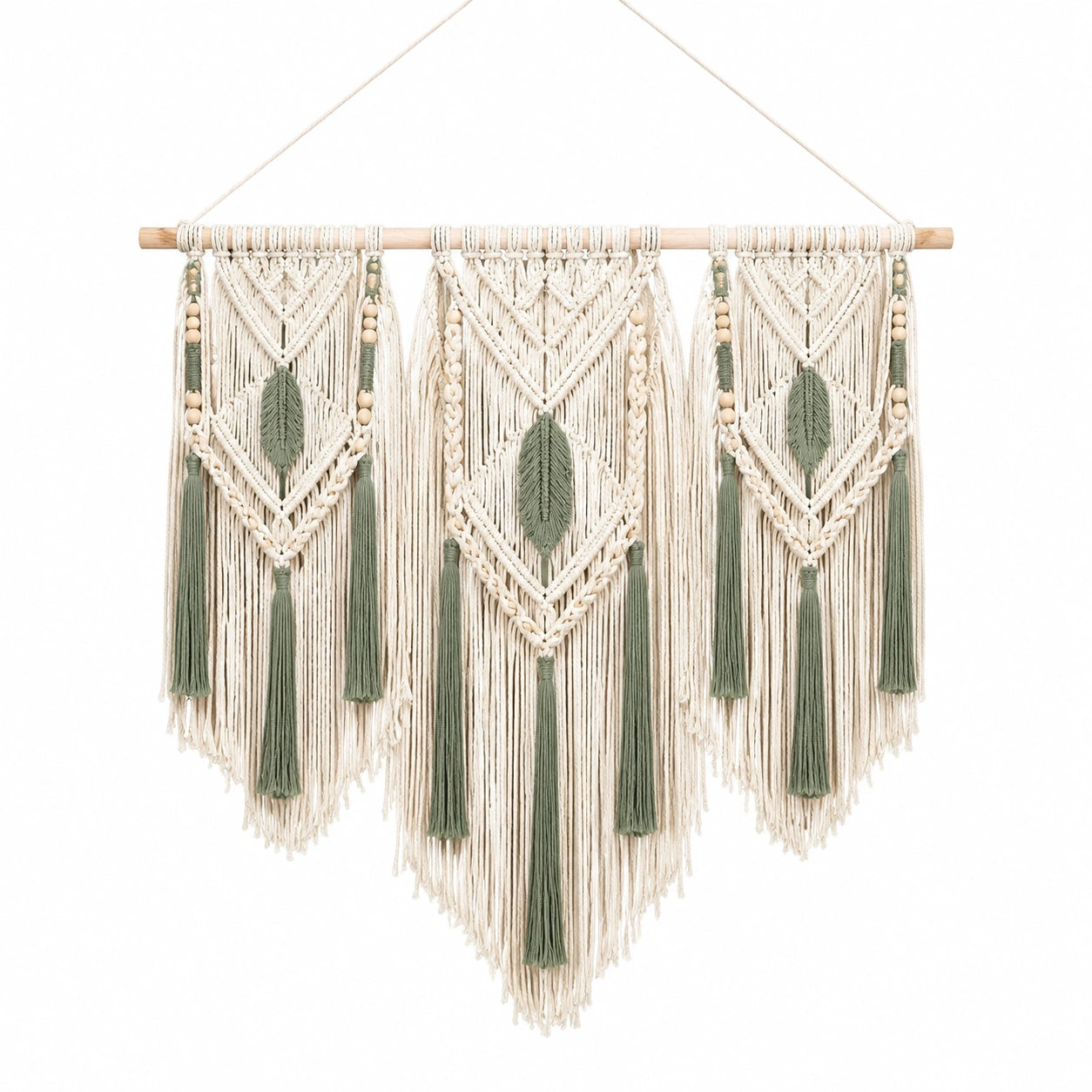 Makramee Wandbehang 100 x 105 cm Baumwolle Creme Salbeigrün mit Fransen Boho