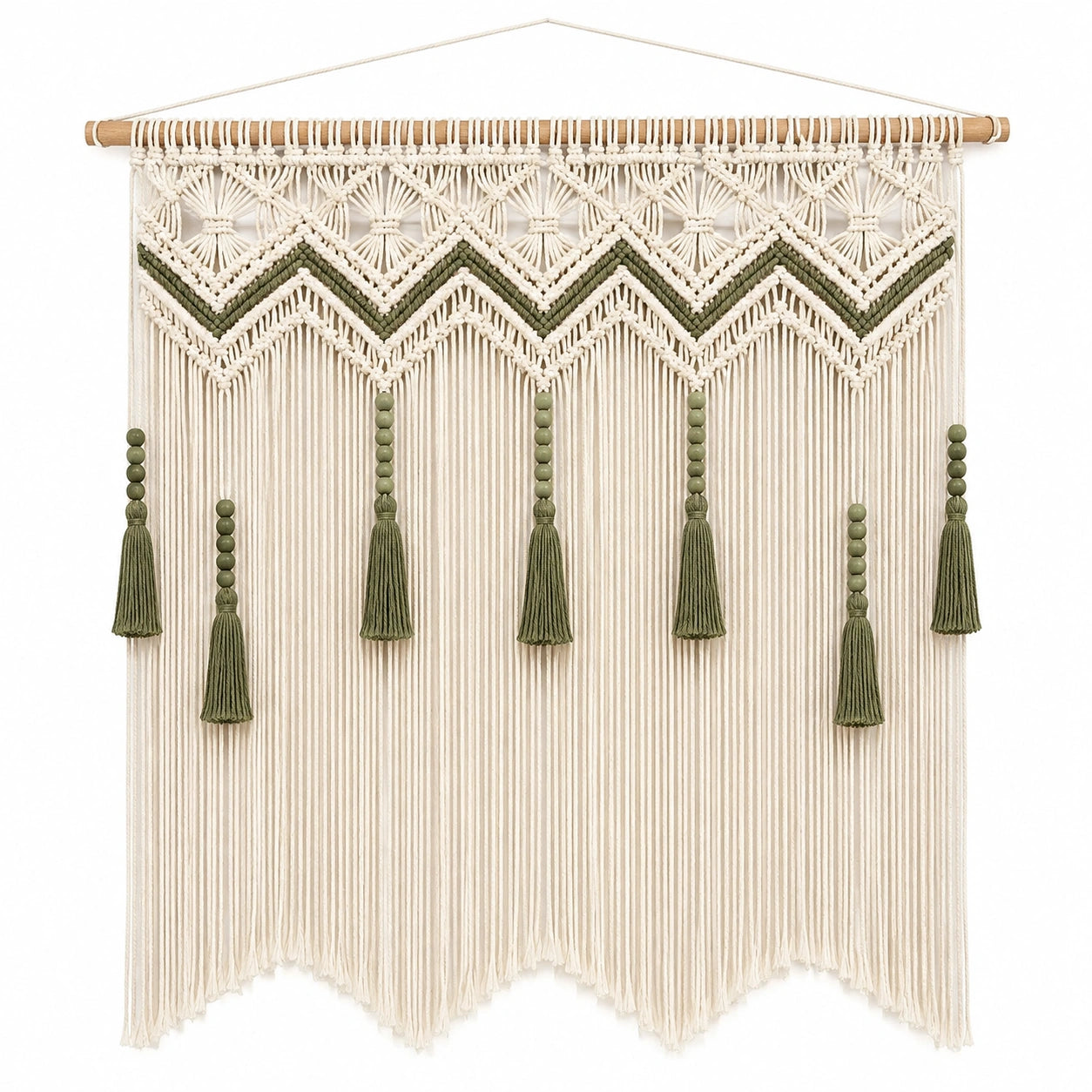 Makramee Wandbehang 100 cm x 110 cm aus Baumwollkordel in Cremegrün mit Quasten im Boho-Stil