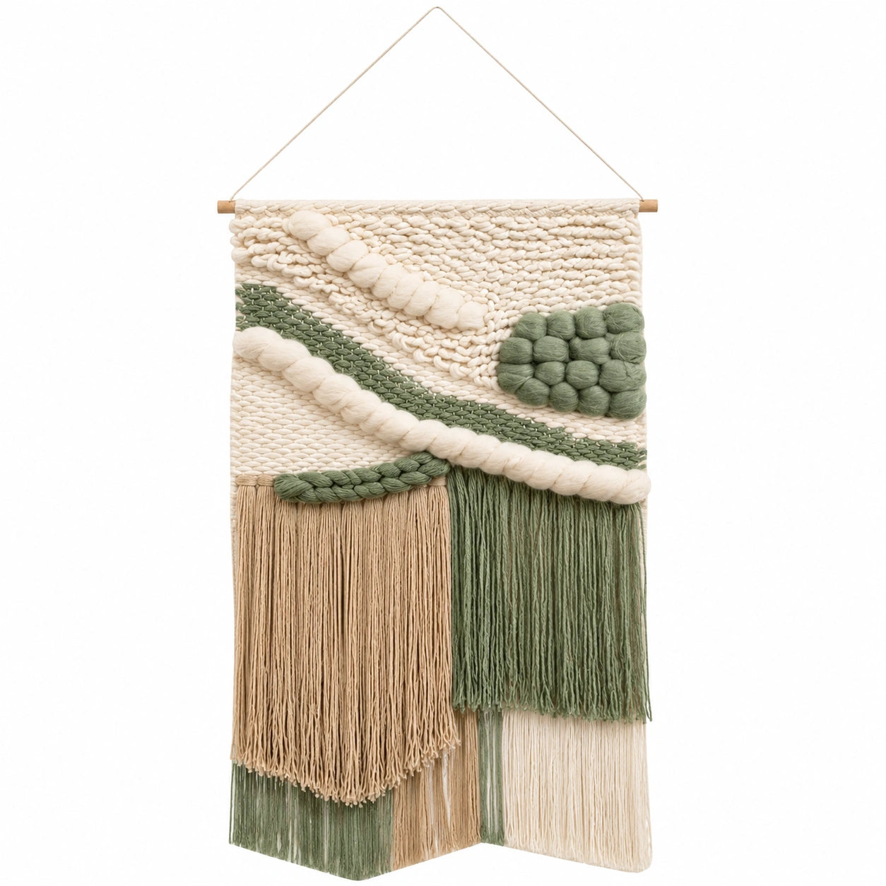 Gewebter Wandteppich 45 x 90 cm aus Textilgarn Grün Beige mit Fransen Boho Wanddekoration