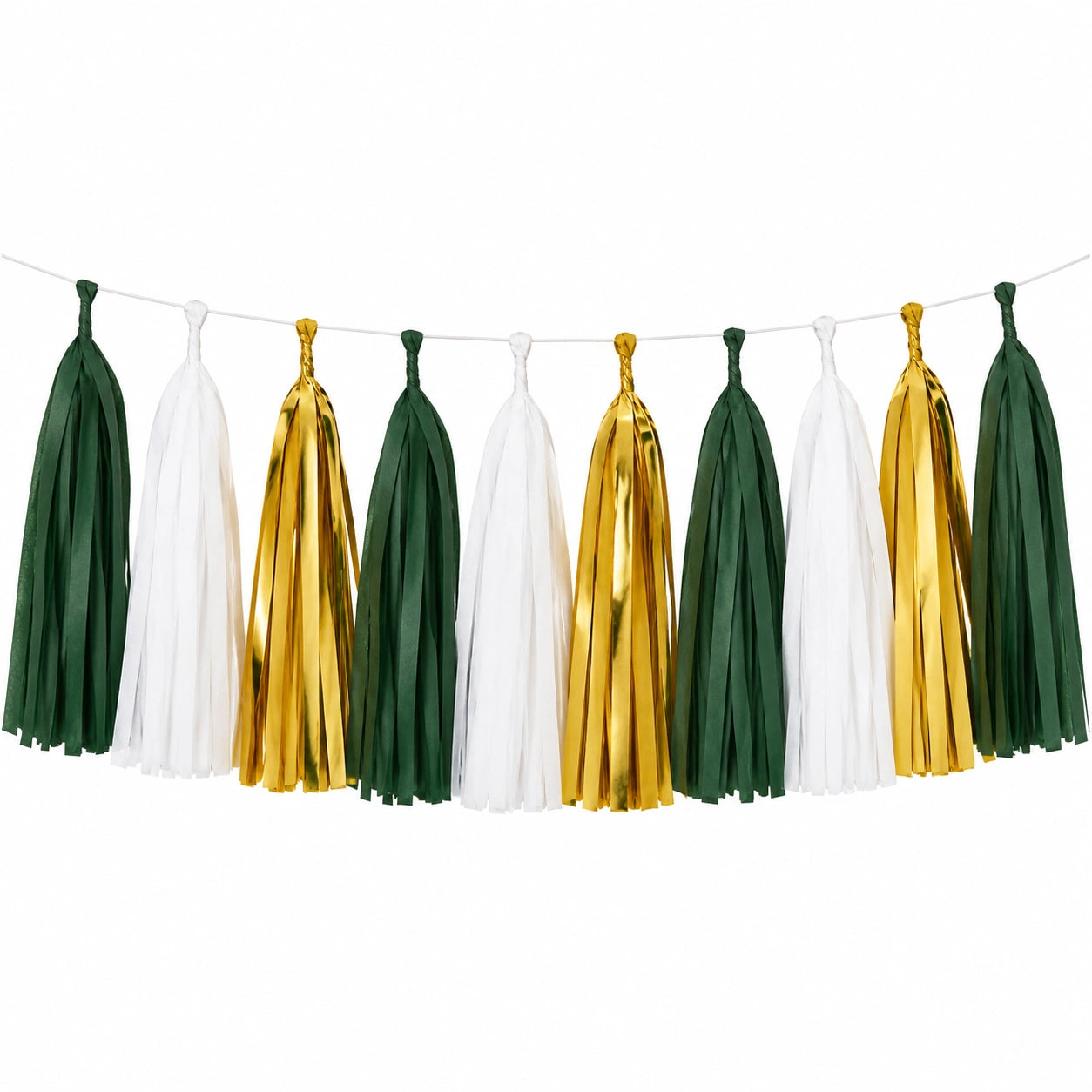 Quastengirlande 200 cm aus Papierfolie Grün Weiß Gold für Partydekoration