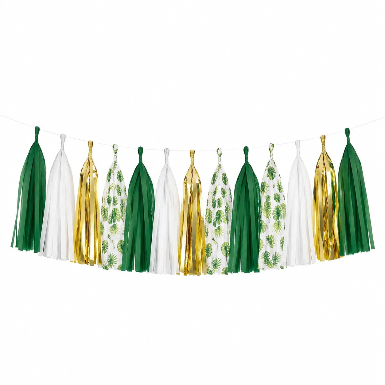 Quastengirlande 200 cm Papierfolie Grün Weiß Gold Tropenblatt Partydekoration