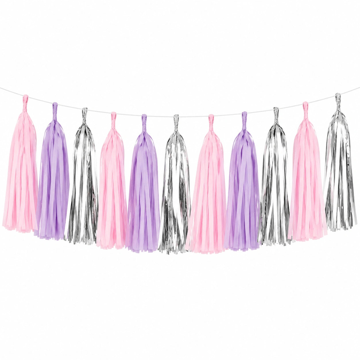 Quastengirlande 300 cm aus Papier und Folie Rosa Lila Silber für Partydekoration