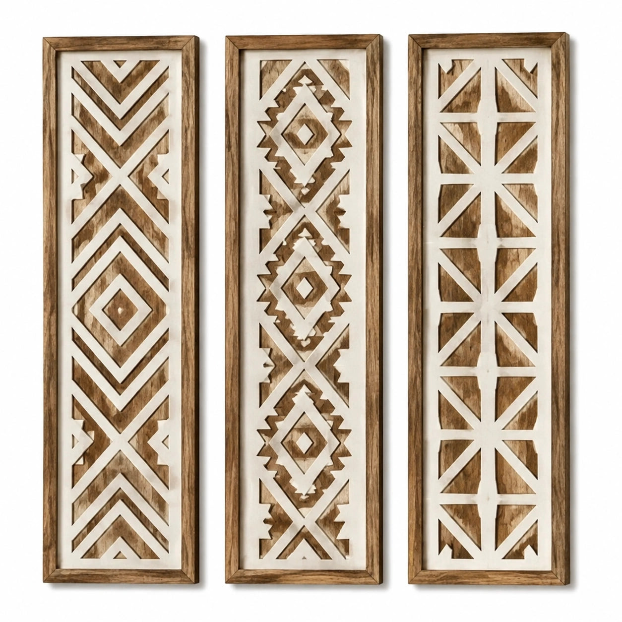 Wanddekoration 3er Set 90 x 30 cm Holz Braun Creme geometrisches Muster