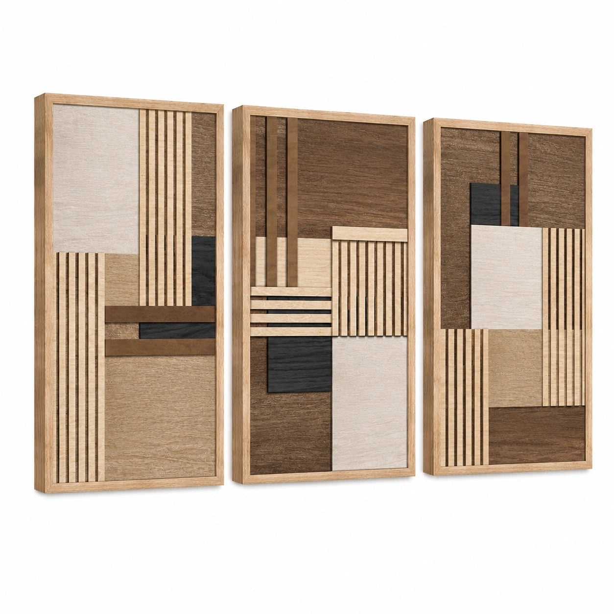Wanddekoration 3er Set 40 x 90 cm Holz Braun Beige geometrisch gerahmt