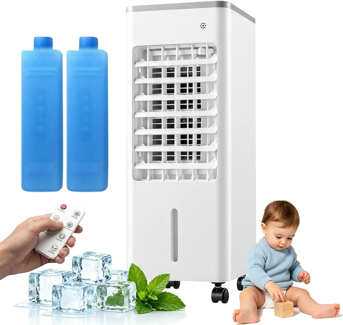 Klimatyzery ewaporacyjne, 6 l, 4 W, Biały – pilot zdalnego sterowania, Odświeżacz powietrza 7.5h, zegar, 3 prędkości – oscylacja 120 °, duży zbiornik
