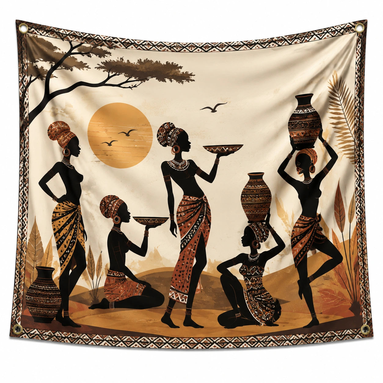 Wandteppich 150 cm x 150 cm aus Polyester Beige Braun mit Figurenmotiv und Ösen