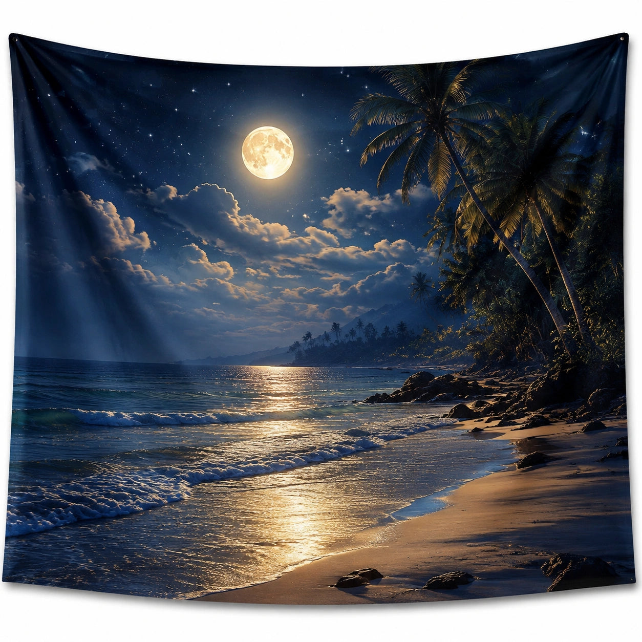 Wandteppich 150 cm x 130 cm aus Textilgewebe in Blau mit Mondstrand Motiv und Ösen