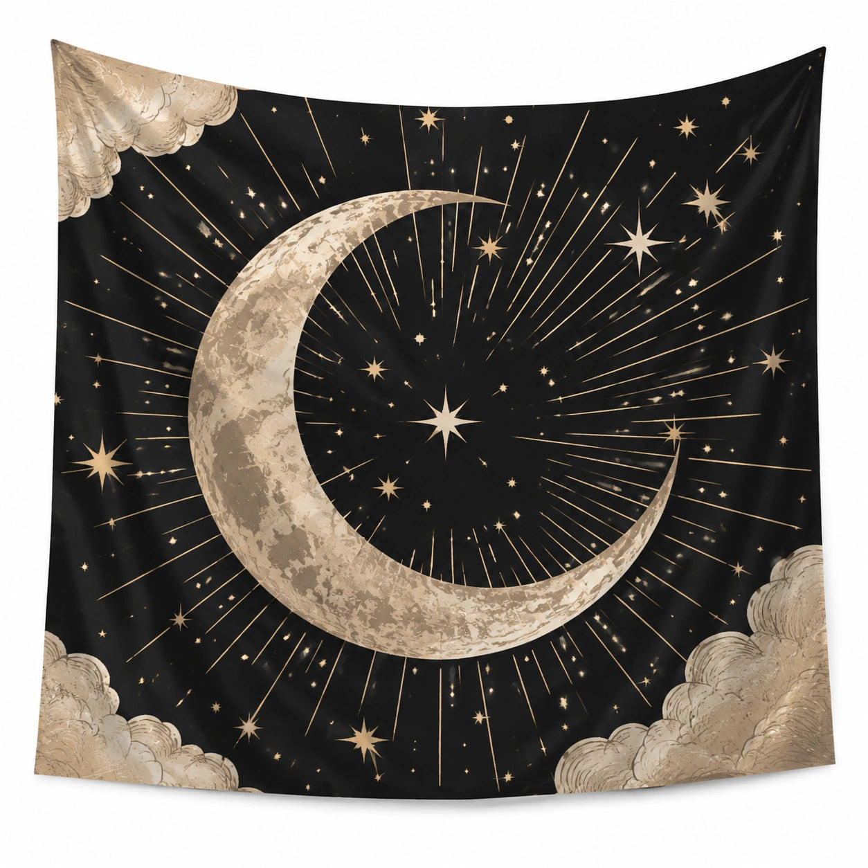 Wandteppich 150 x 130 cm aus Polyester Schwarz Beige mit Mond und Sternen für Wanddekoration