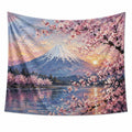 Wandteppich 150 x 130 cm aus Polyester Rosa Blau mit Berglandschaft und Kirschblüten