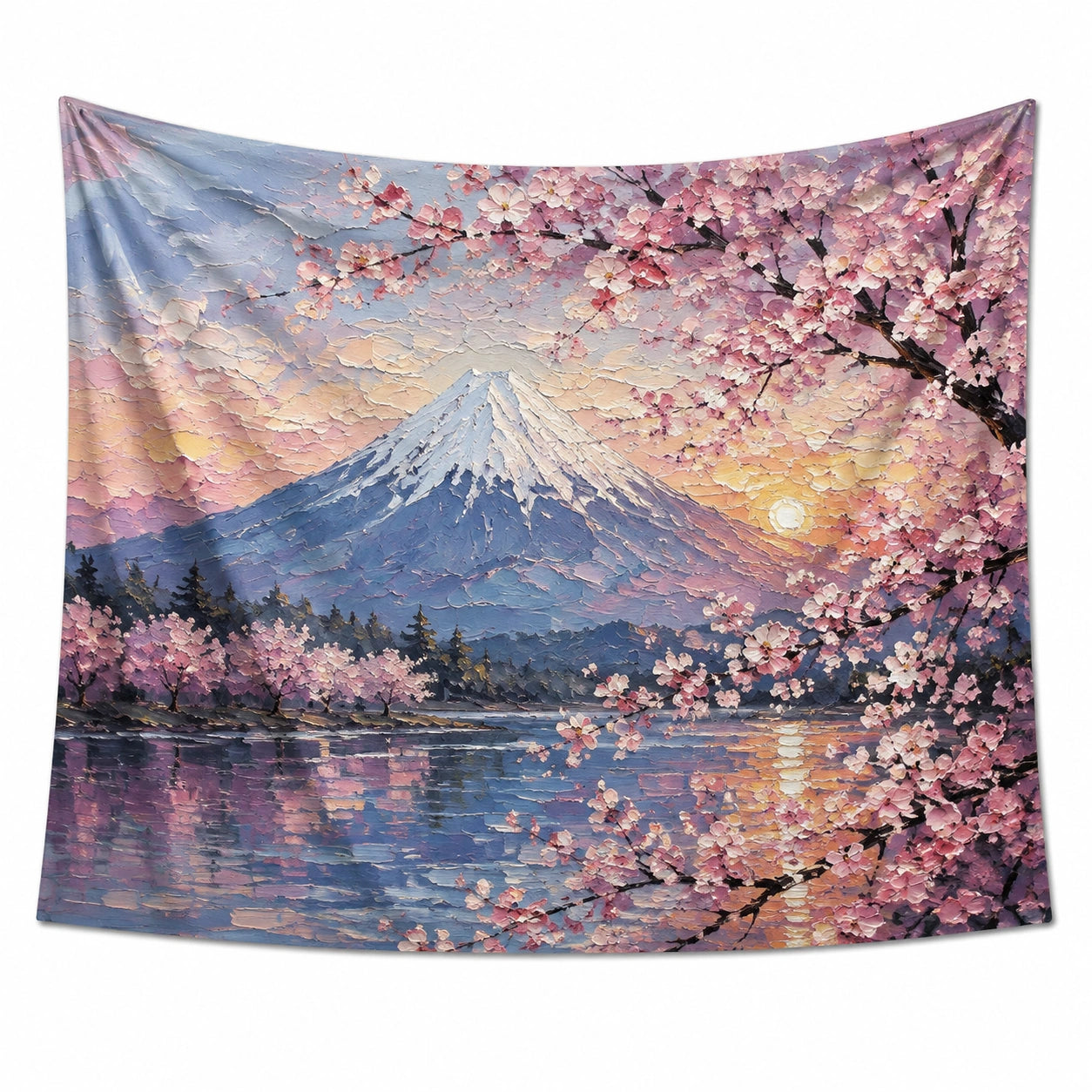 Wandteppich 150 x 130 cm aus Polyester Rosa Blau mit Berglandschaft und Kirschblüten