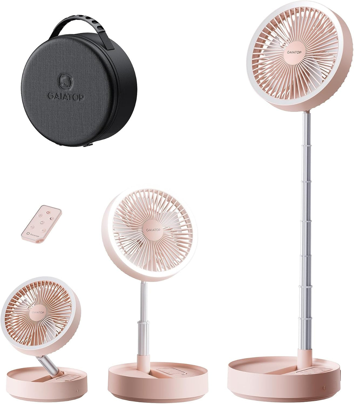 Wentylator stojący Gaiatop, 20.1 x 20.1 x 9.1 cm – Różowy, oświetlenie LED, Wentylator 74h, przenośny – 4 prędkości, dioda LED