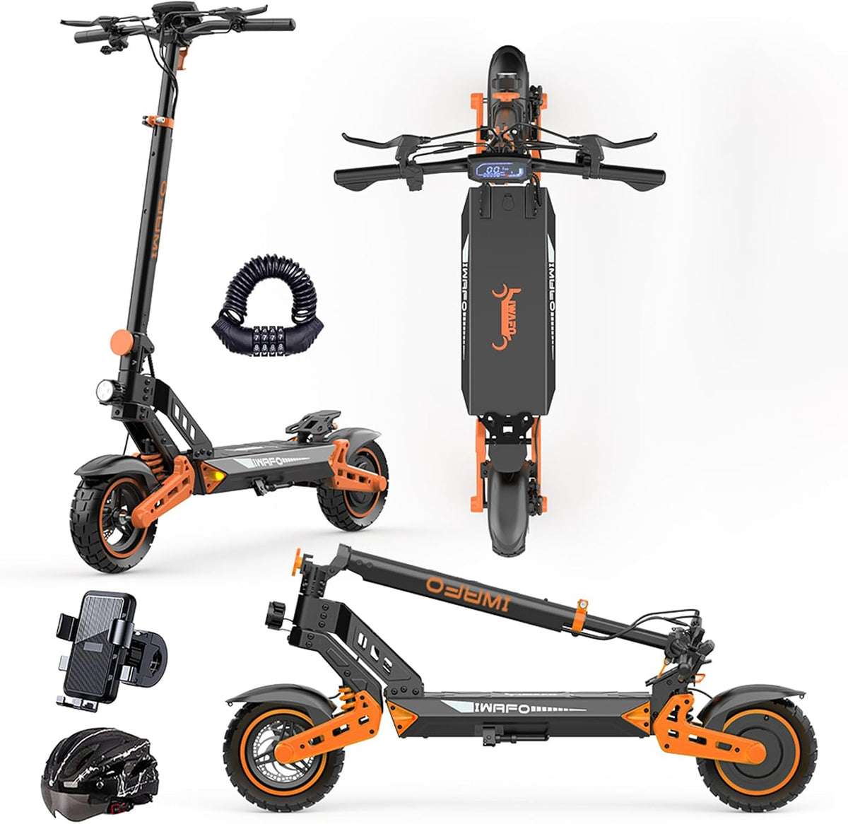 Hulajnogi elektryczne IWAFO, 2000-W, 52 V, 20 Ah – 120 Kg, Czarny/Pomarańczowy, aluminium, miejsce do przechowywania – oświetlenie LED