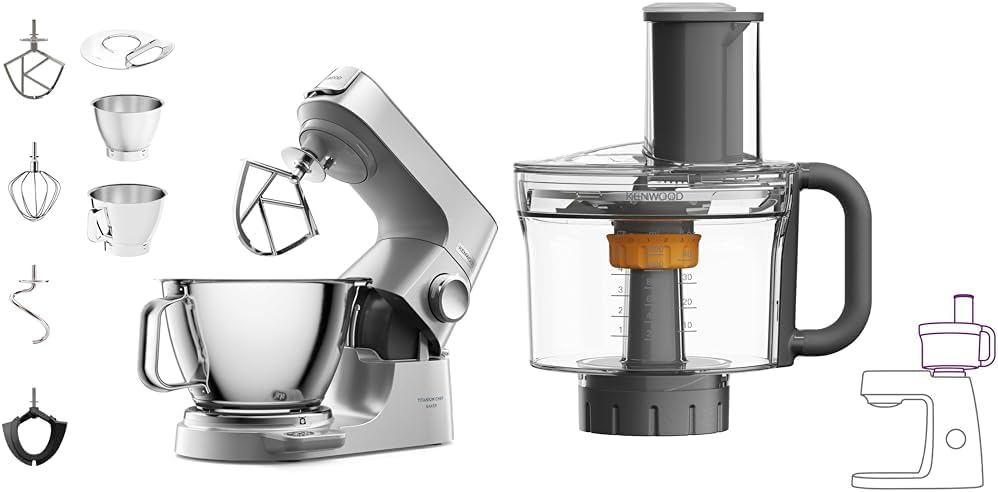 Mikser Kenwood, KAH65.000PL – 3,5 l, 6 W, Srebrny, MultiPro Food Processor KAH65.000PL – Akcesoria do ugniatania, Srebrny & Titanium Chef Baker
