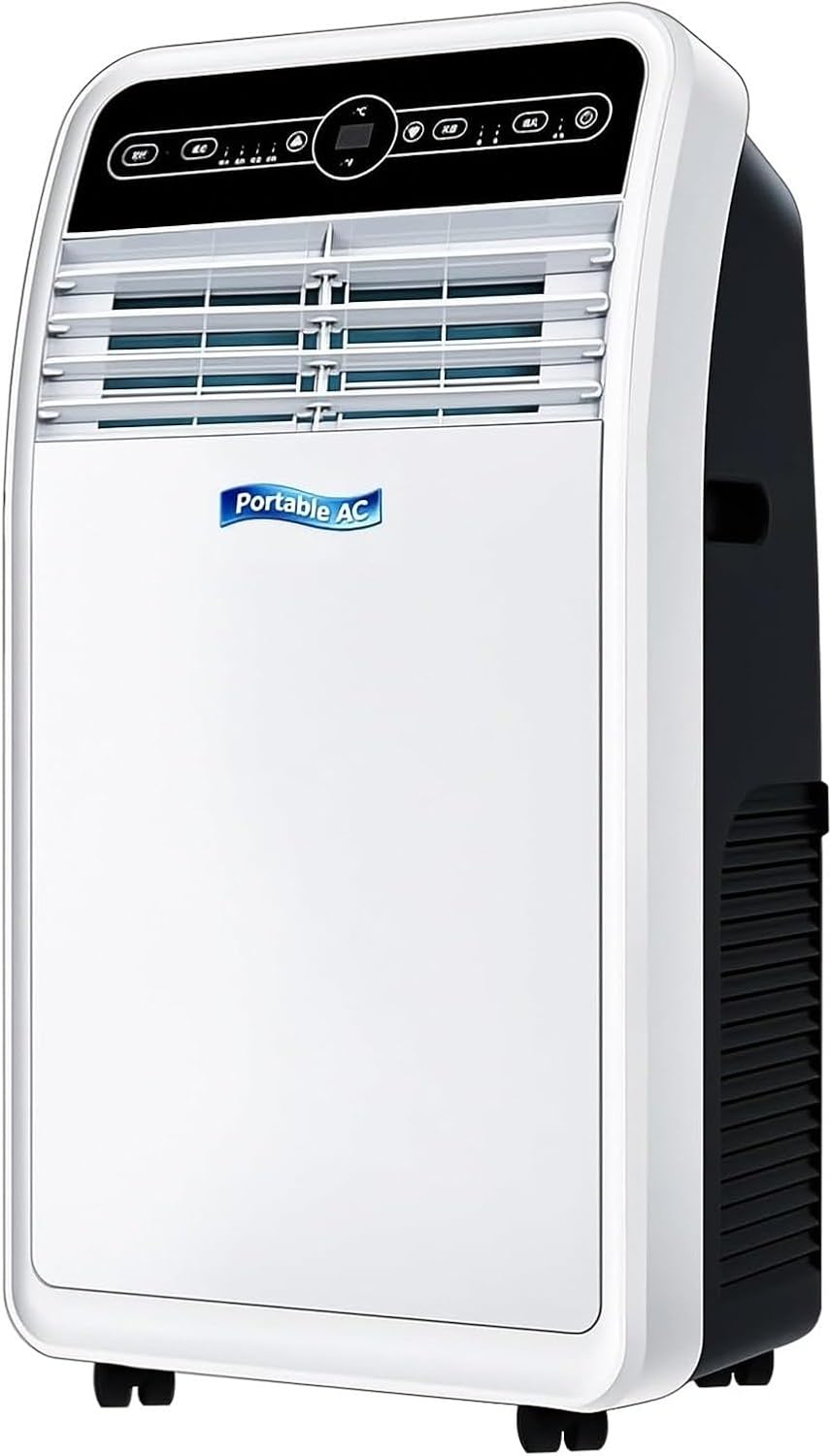 Klimatyzator HUANQIN, 33 m, 3 W – 9000 BTU, Biały, oświetlenie LED, pilot zdalnego sterowania – 3 w 1, 3-in-1, koła ruchome, dekoracja salonu
