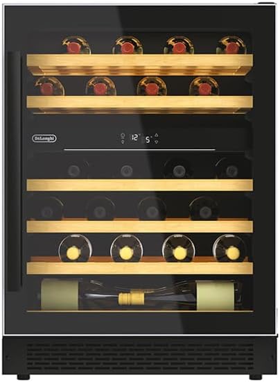 De'Longhi Chłodziarka do wina, CA6DZ6, 134 litry, 39 dB – 833 x 595 x 575 mm, Brązowy, Z 'Longhi CA6DZ6 G 8 drewnianych półek, Lodówka z winem