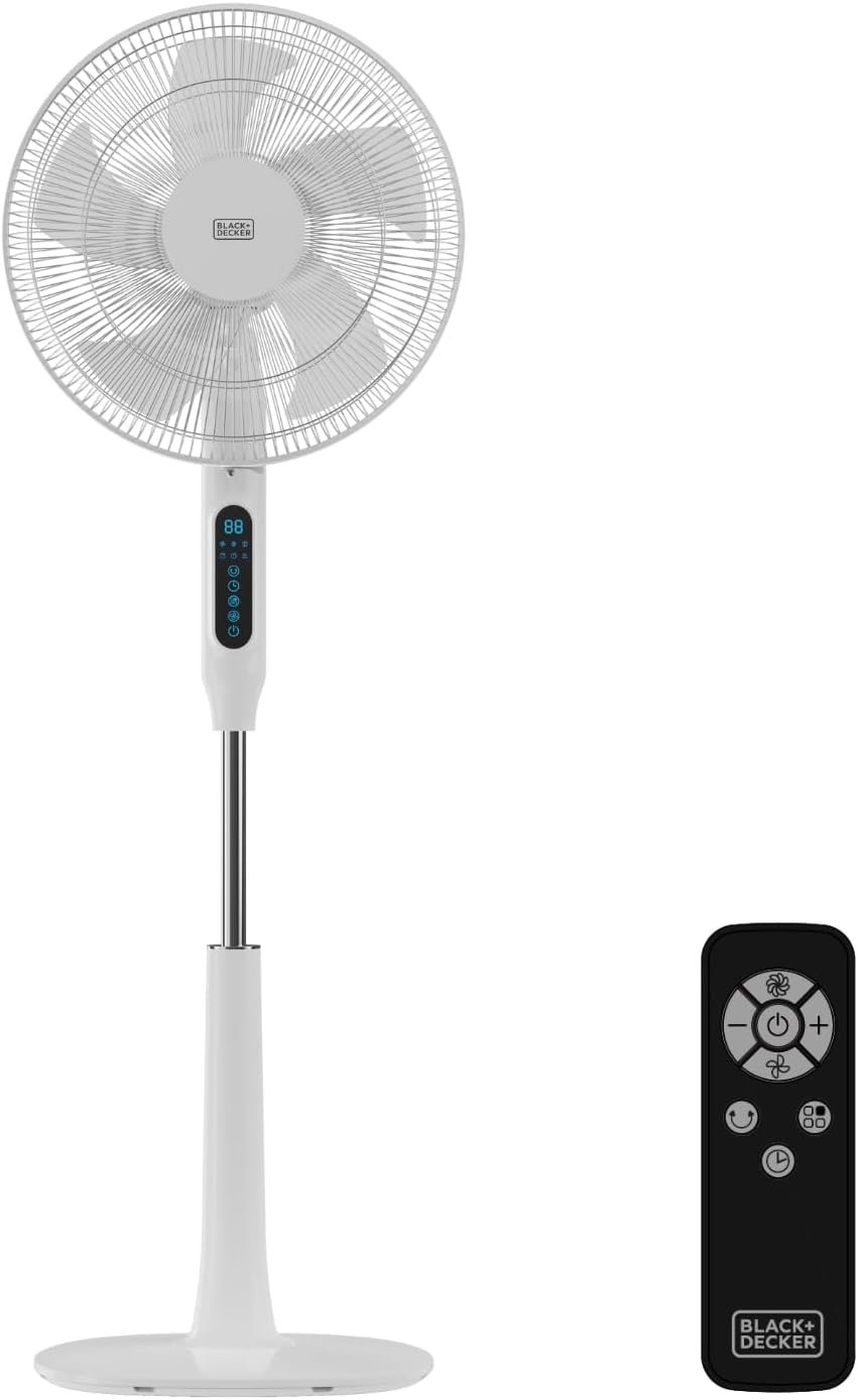 Wentylator stojący BLACK+DECKER, 138 cm – 30 W, 240 V, Czarny, regulowana wysokość – oświetlenie LED, zegar, oscylacja, cichy