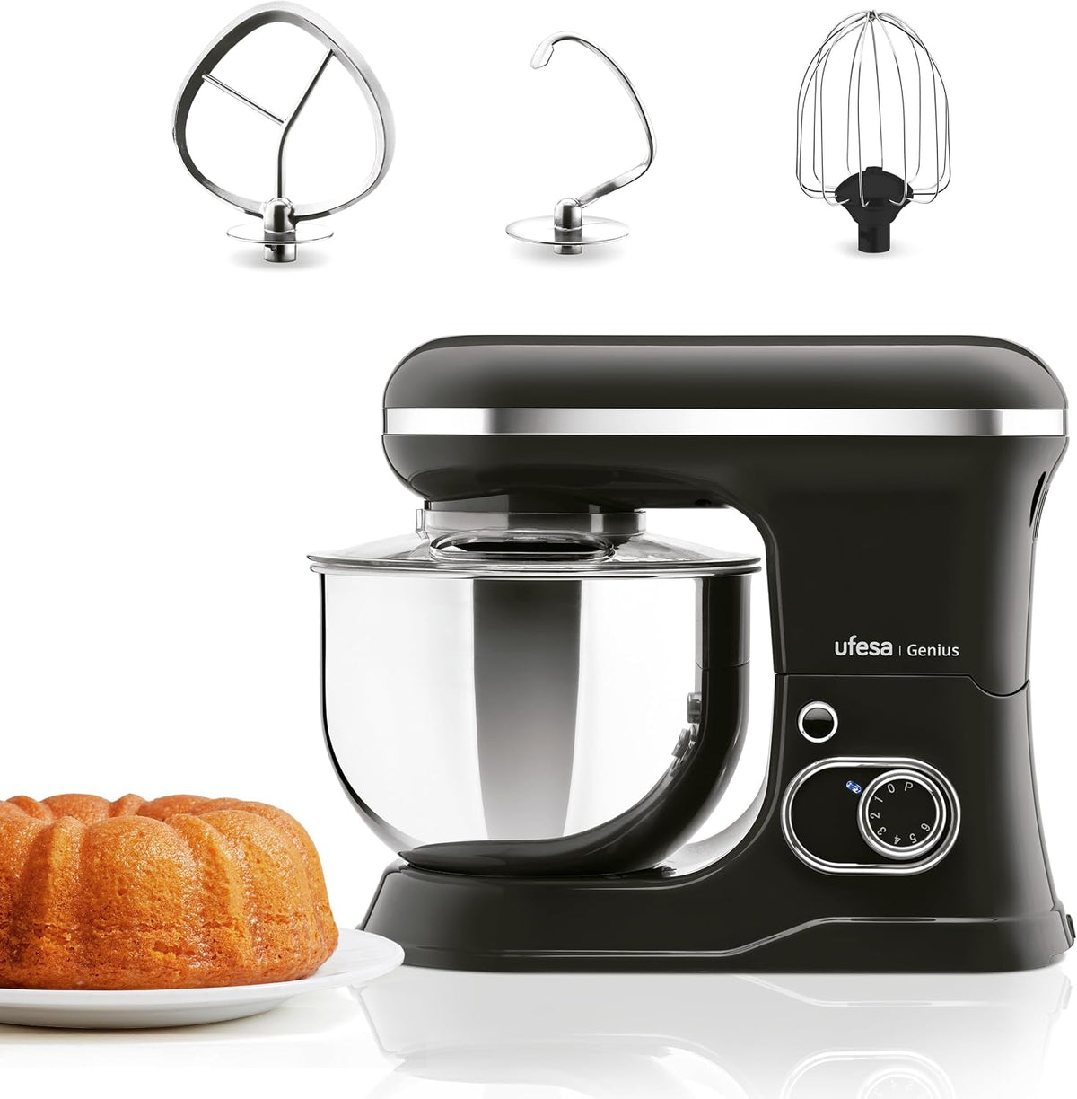 Robot kuchenny Ufesa, 5 l – 1200 W, Srebrny, stal nierdzewna, 5 w 1 – ciasto, profesjonalne, 6 prędkości + Turbo, 3 Akcesoria Wliczone
