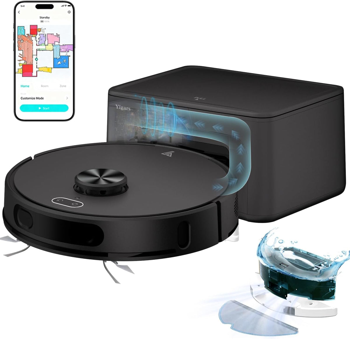 Robot sprzątający Yigars, odkurzacz automatyczny, 20 mm – Czarny, Odkurzacz robot 220min, podłączony przez Alexa / APP do twardych podłóg