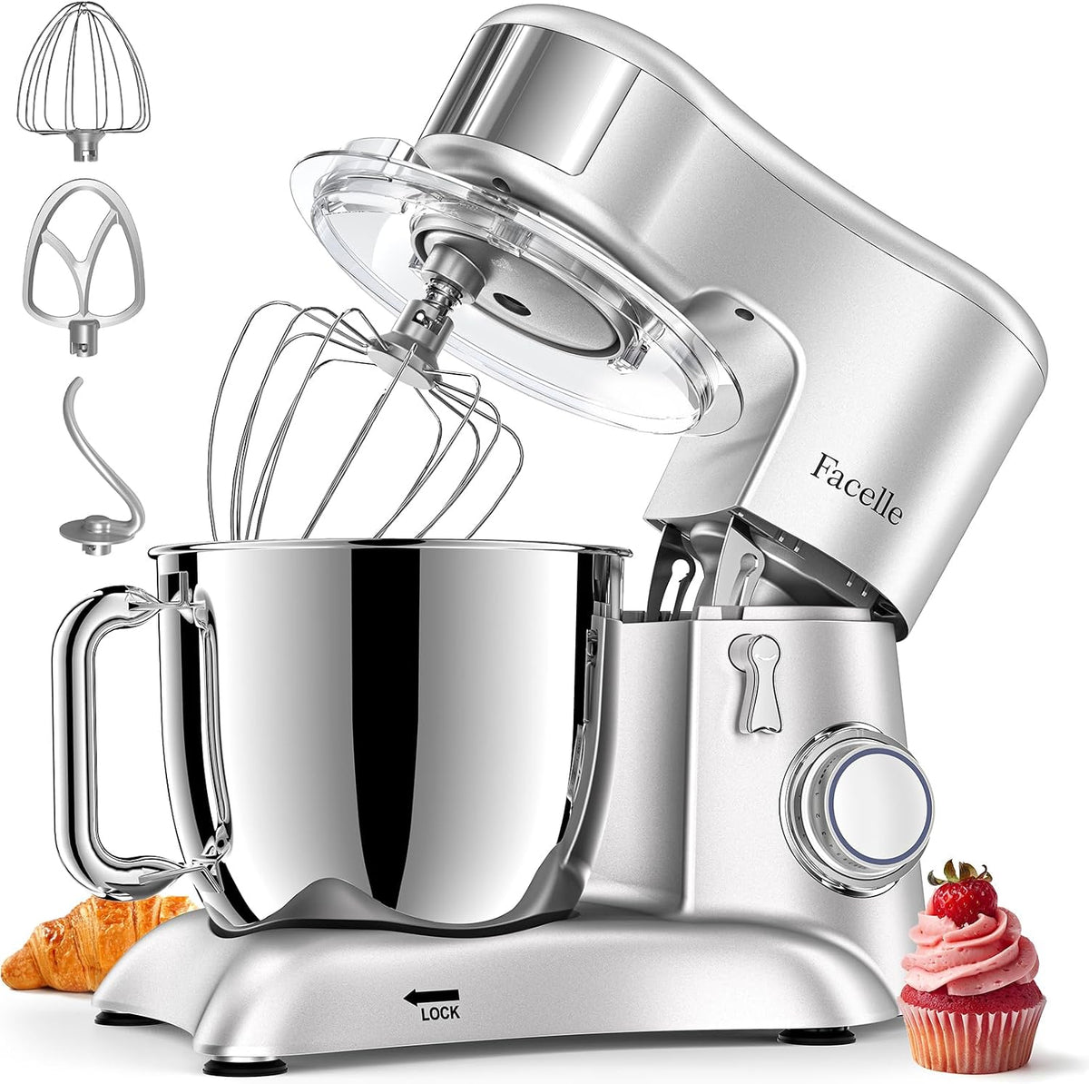 Mikser Facelle, 1300 W, 6.5 l – Srebrny, stal nierdzewna, planetarny, Przygotuj makaron ciasto – kostki Brioche i pizzy makaron, Pastry 1300 W