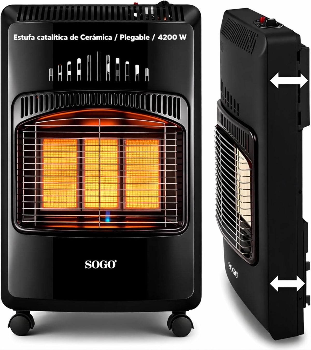 Grzejnik elektryczny SOGO, CAL-SS-18290 – 4200 W, 13 kg, Czarny, składana konstrukcja – Elektryczny grzejnik CAL-SS- 18290, 13 kg butelek, 5 Koła