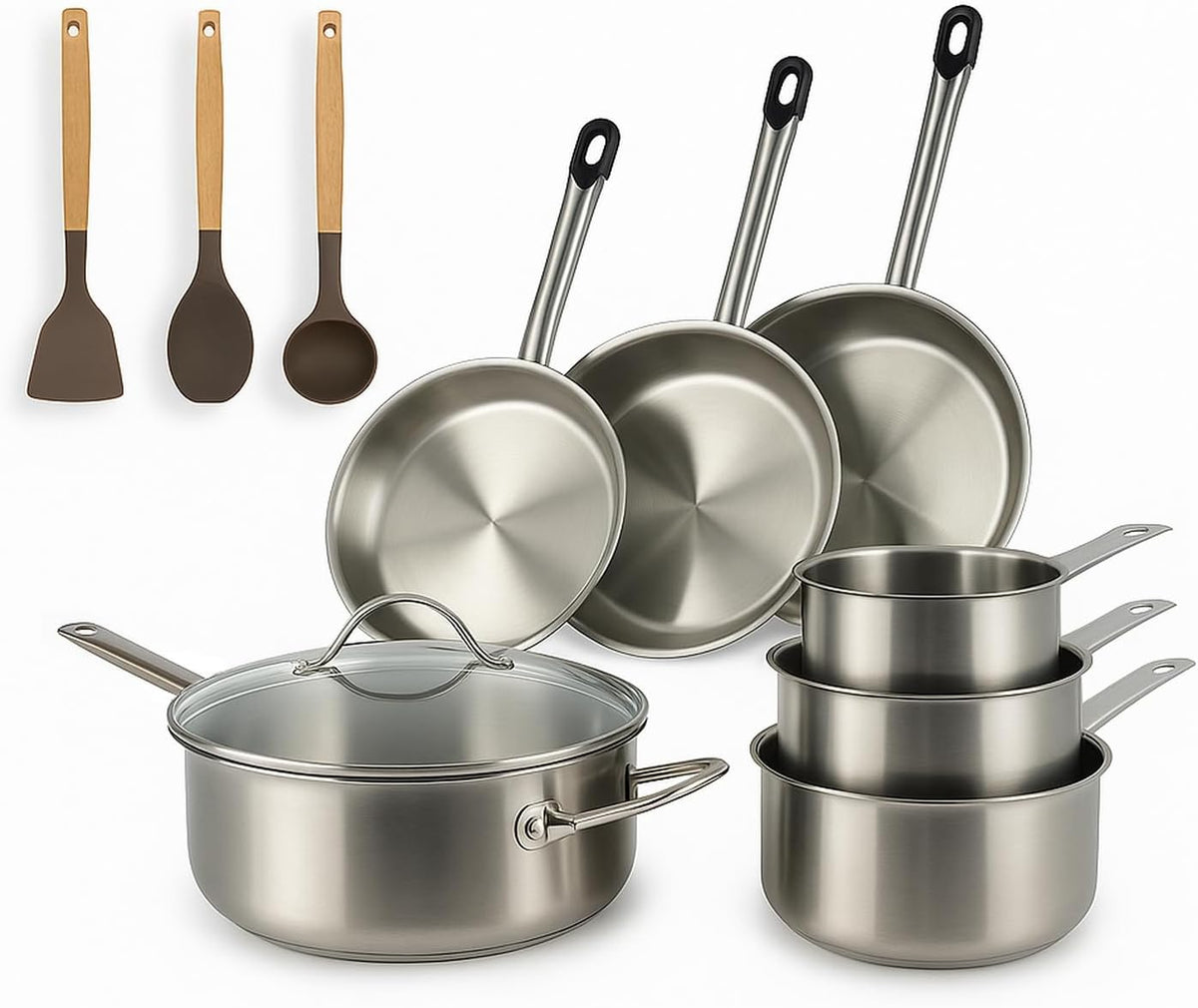 MENASTYL Zestaw garnków i patelni, 20 cm – Srebrny, stal nierdzewna, Naczynie kuchenne, profesjonalne – 6014031, PFAS- free