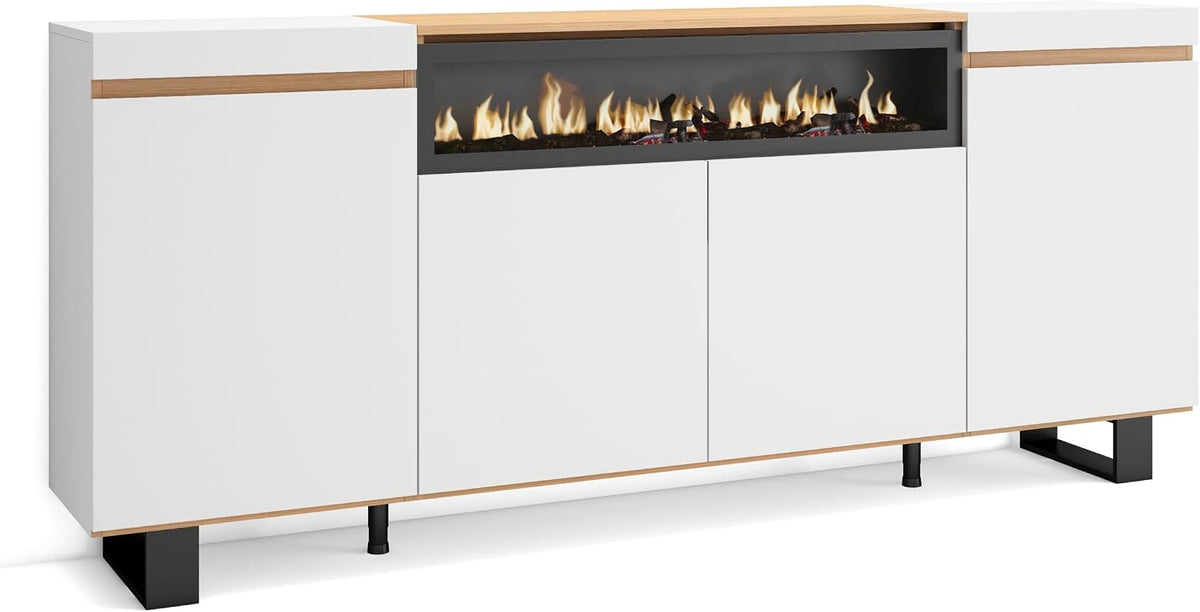 Bilety Skraut Home, 200x87x35 cm – Biały, oświetlenie LED, Elektryczny kominek, Dom Skraut – do Sideboard Living and Kitchen, 4 Drzwi