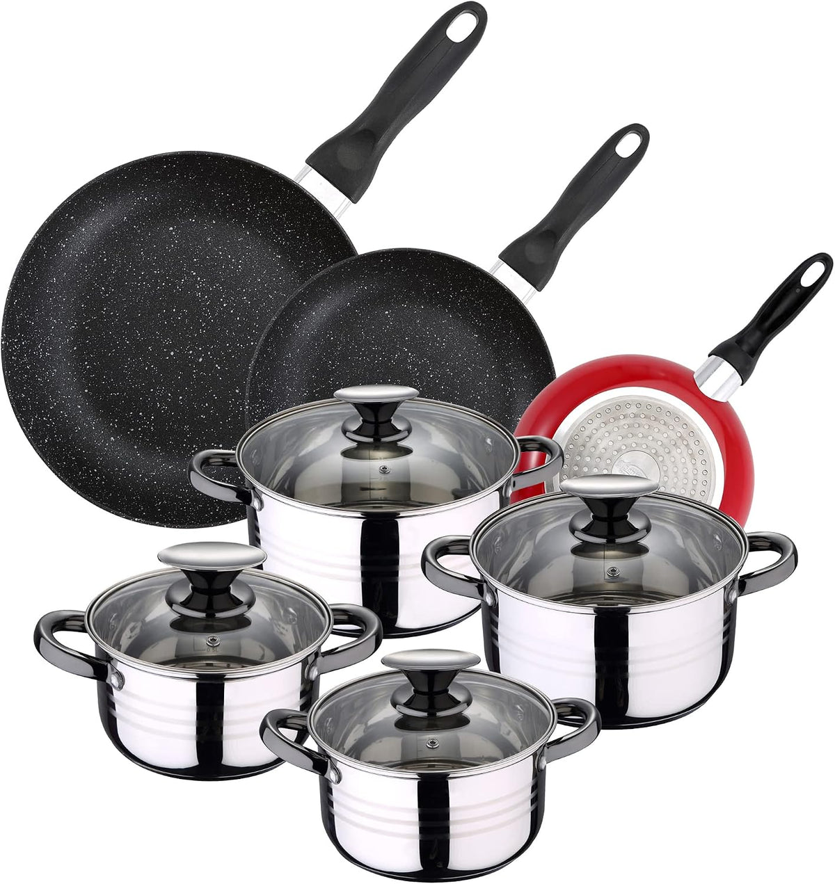 San Ignacio Zestawy pieców, 16 cm, 1,9 l – Srebrny, stal nierdzewna, 8pc Bateria, Bateria z patelni i patelni – 20 cm, 24 cm