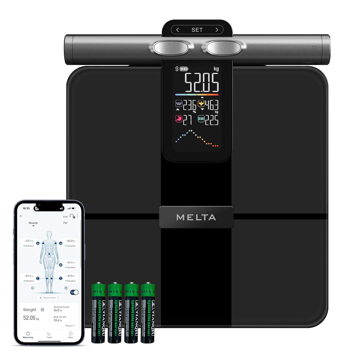 MELTA Cyfrowe – 180 kg, 109 x 64 mm, Czarny, Bluetooth – 180 kg / 400lb Balance, aplikacja, 180 kg/400lb