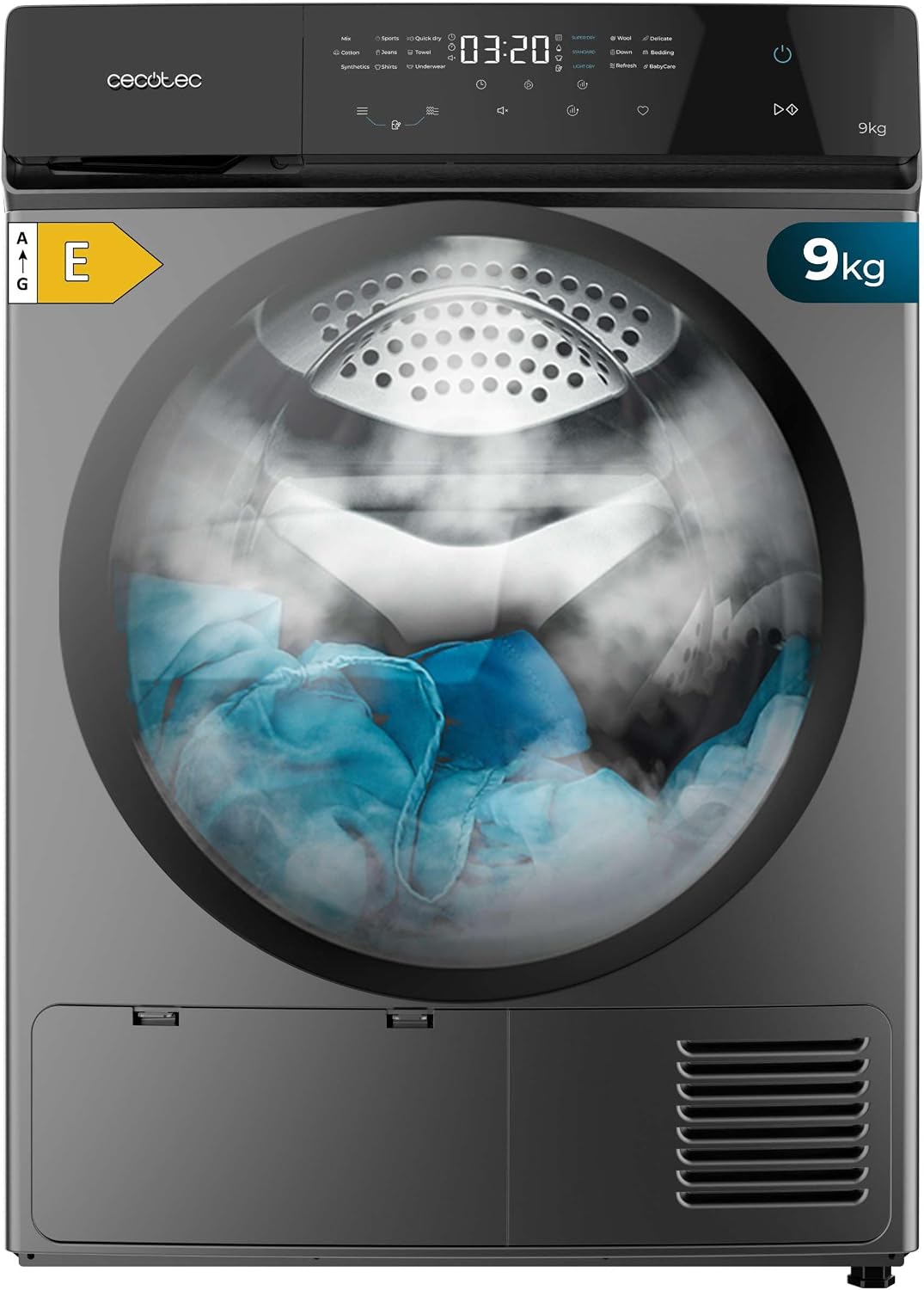 Suszarki do ubrań z pompą ciepła Cecotec – 9 kg, Czarny/Szary, sterowanie dotykowe, 15 programów – automatyczne suszenie, łatwe prasowanie, stop & Go