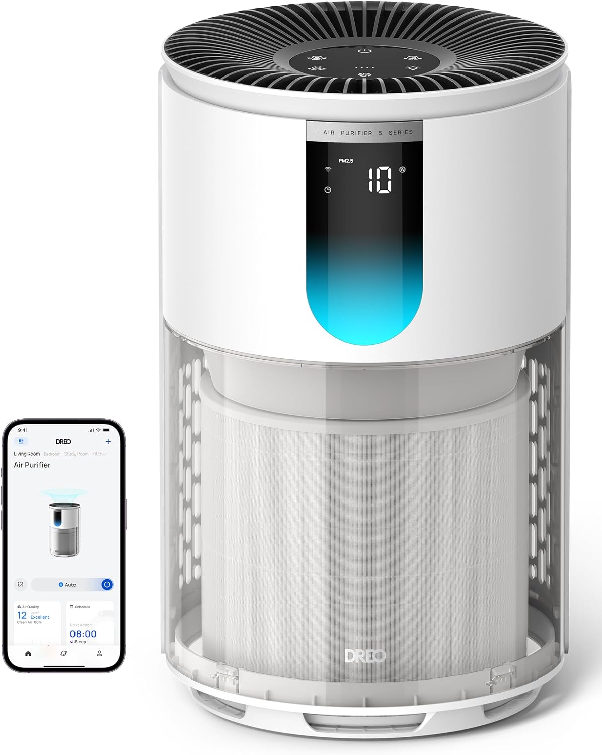Oczyszczacz powietrza DREO, PM2, 18 dB, 55 m – 3 W, Biały, Wi-Fi, 3 w 1 – Monitor, HEPA 3 -in-1, do 55 m2, Czujnik PM2