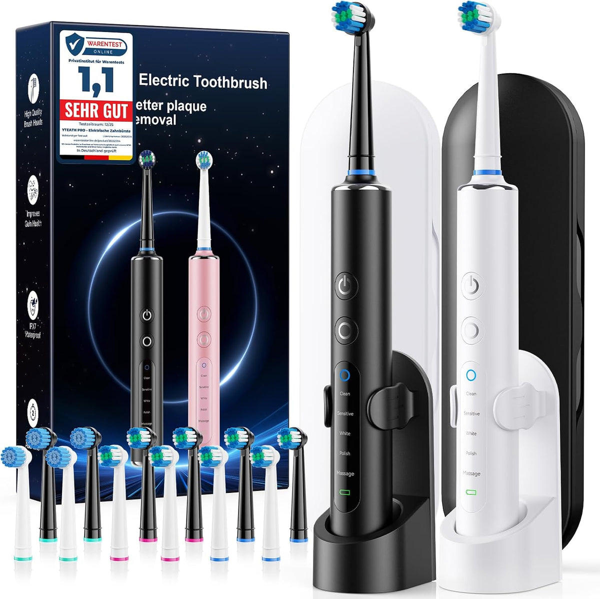 Nevoke Szczoteczki do zębów elektryczne, IPX7, Czarny – USB, Szczotka do włosów IPX7, szczoteczka do zębów wielokrotnego użytku, 5 trybów