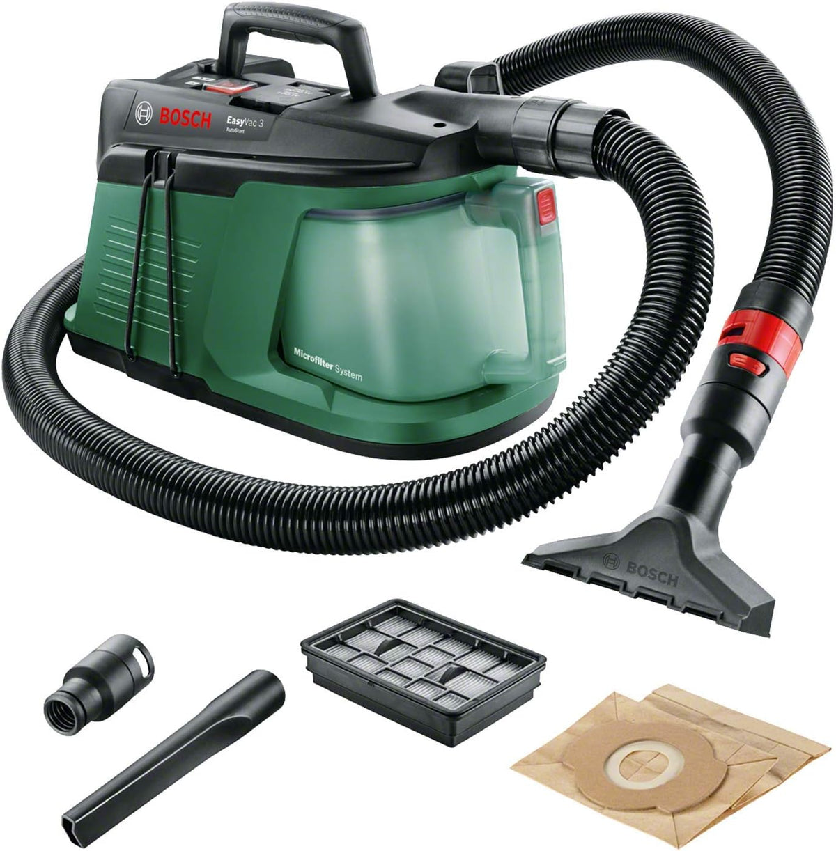 Bosch Odkurzacz, 700 W – 2 l, Zielony/Czarny, EasyVac 3 ręczny (700 W, pojemność pojemnika na kurz 2 l – w kartonie)