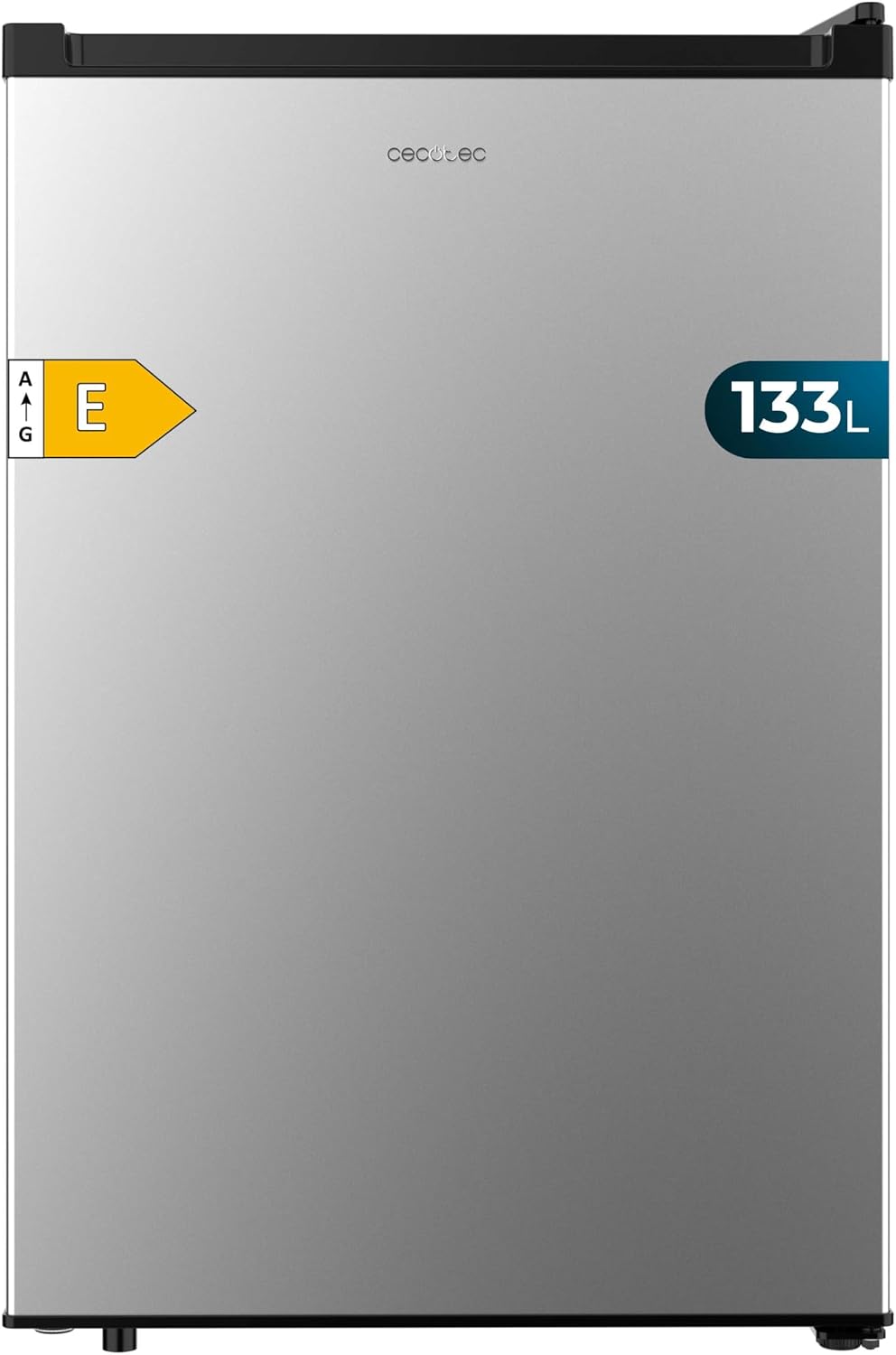 Cecotec Minilodówka, mała lodówka, 133 l – 55,1 x 57,5 x 83,5 cm, Srebrny/Czarny, oświetlenie LED, odwracalne drzwi – klasa energetyczna E