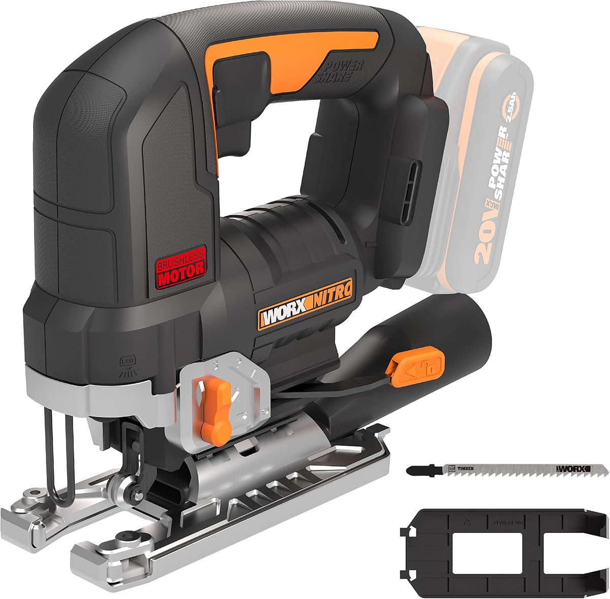 WORX Piły skokowe, WX542.9, 20 V, 2.5 Ah – 26 mm, Czarny, praca bezprzewodowa, WX542.9 Bezpłatna piła bezprzewodowa 20 V