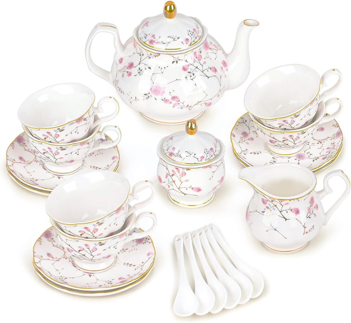 fanquare Usługi herbaciane, 8x6,5 cm – 200 ml, Czarny, Serwis do kawy Wedding Party Vintage, 21 Kawałki Porcelanowy Czajnik Zestaw