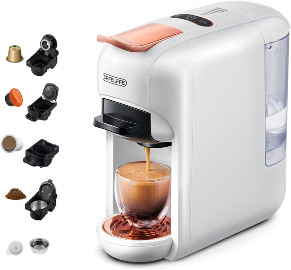 Ekspres do kawy CAFELFFE, MK-606 – 5 W, 44 mm, 19 bar, Biały/Miedziany – metal, samoczyszczenie, automatyczne wyłączanie, 5 w 1