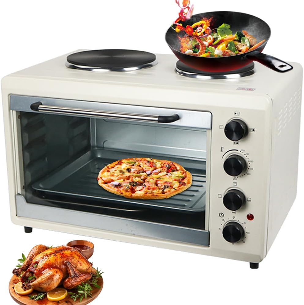 YXFAZPP Grill, 56 L, 2000 W – Biały, timer, Mini piekarnik 56L, elektryczny kuchenka blaszana 2000W z dwoma palnikami i rusztem