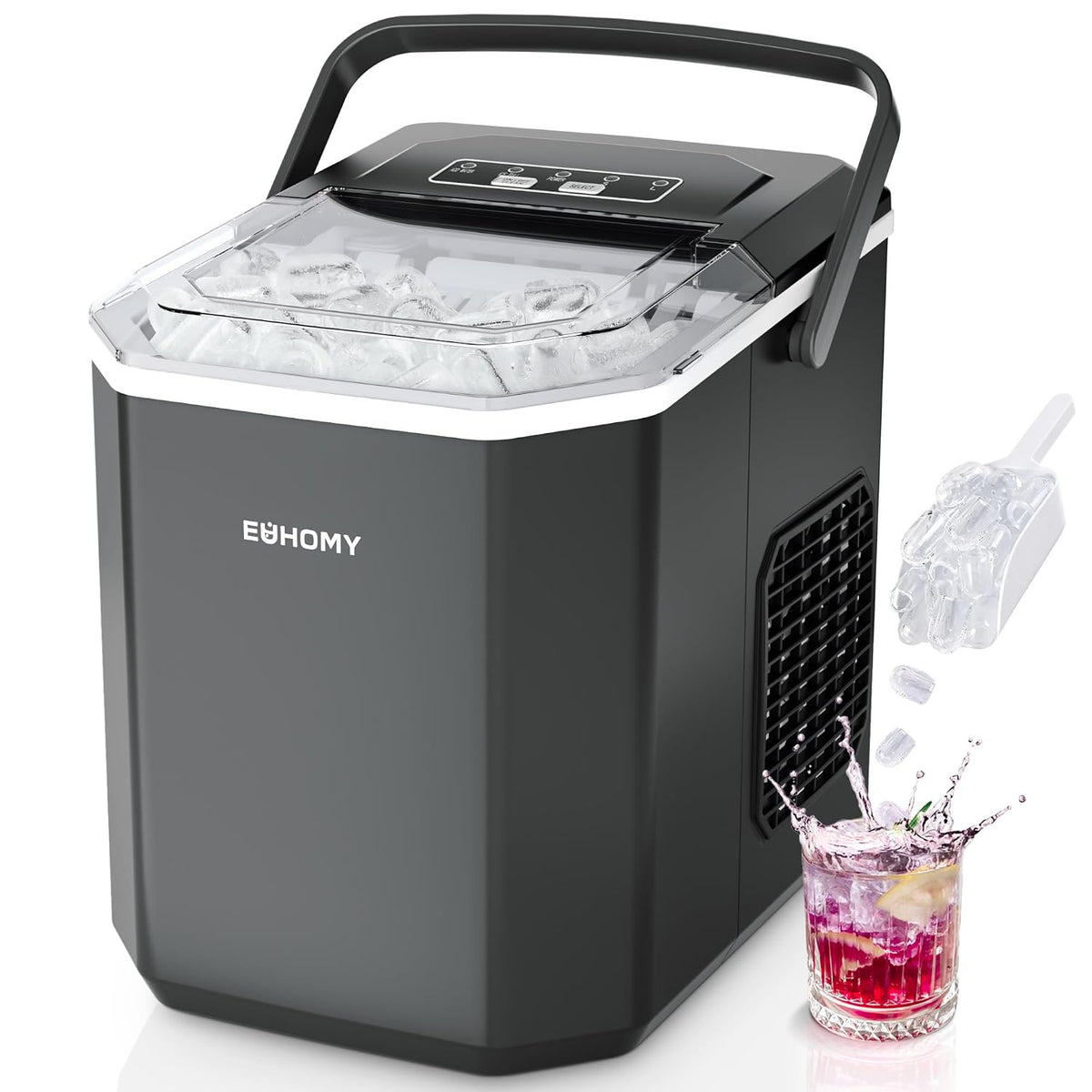 EUHOMY Maszynka do lodów – 12 kg, 23,5 x 29,5 x 29 cm, Czarny, samoczyszczenie – Kostkarka do lodu, 9 kostek w ciągu 6 minut, 2 rozmiary kostek