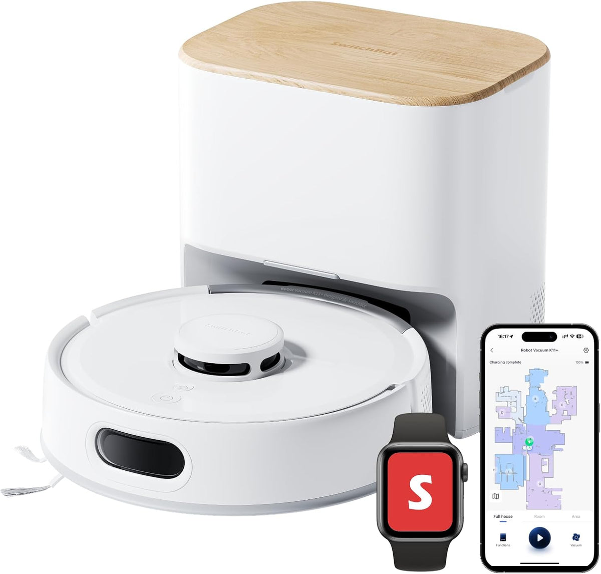 SwitchBot Robot sprzątający, odkurzacz automatyczny, K11 – 9 cm, 50 dB, Biały, K11+ robot odkurzający z mopem – 6000 Pa, wydajne ssanie