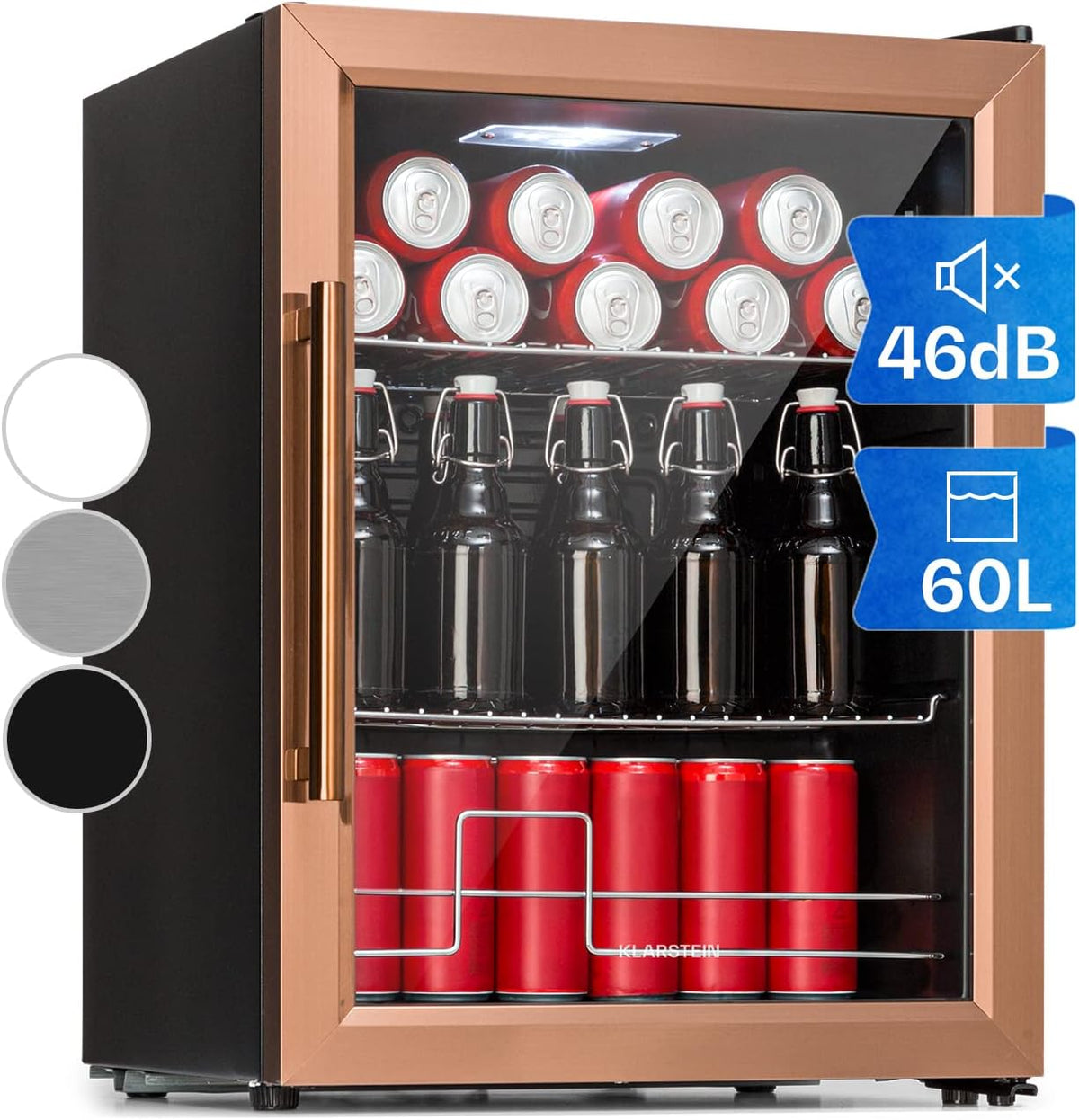 Minilodówka Klarstein, mała lodówka, 60 l, 47,4 x 44 x 84 cm – 20 kg, Czarny/Miedziany, oświetlenie LED, Szklana mini lodówka 60 l