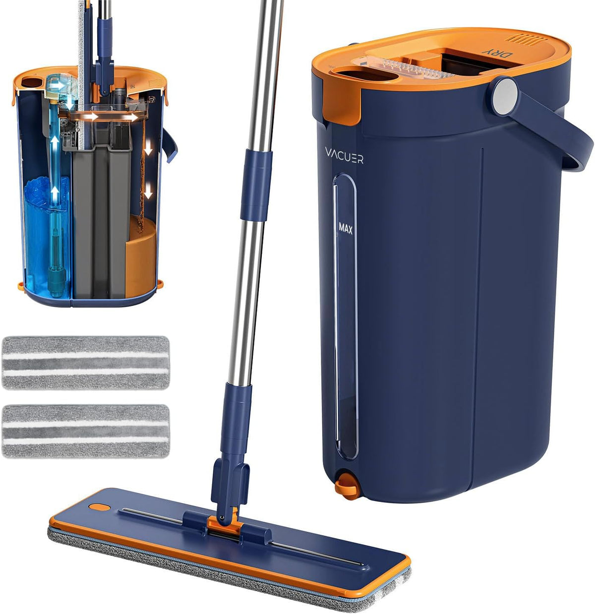 Zestawy do broomów i wiader VACUER, K1, 172 cm – Srebrny, stal nierdzewna, K1-Pro szczotka, duży zbiornik – higiena