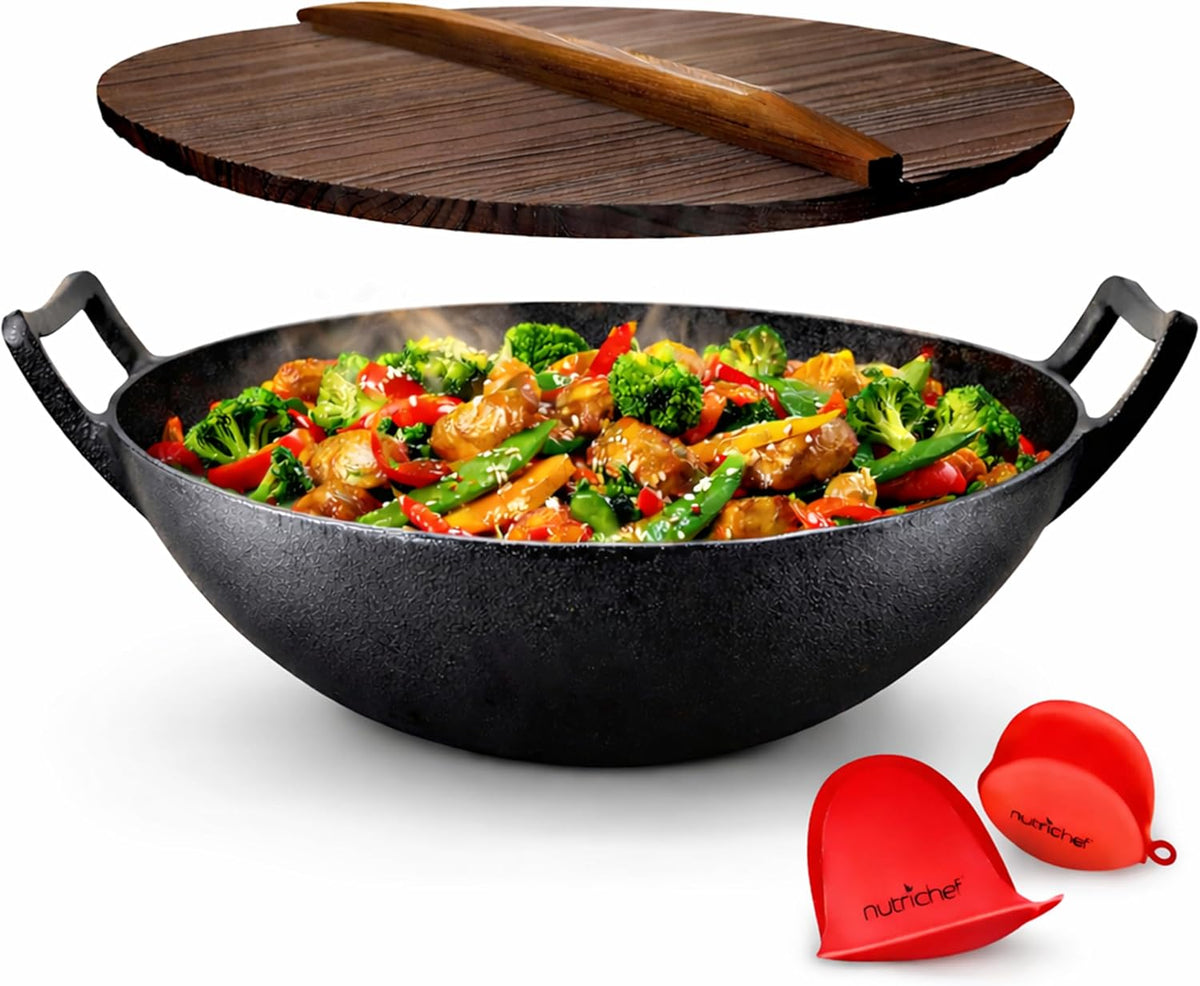 NutriChef Woki, 5 l, 43,41 cm – 5,83 kg, Czarny, Naczynie do gotowania, żeliwo – Wok kucharz odżywczy w 5, 5 l wstępnie asazynizowanej czcionki
