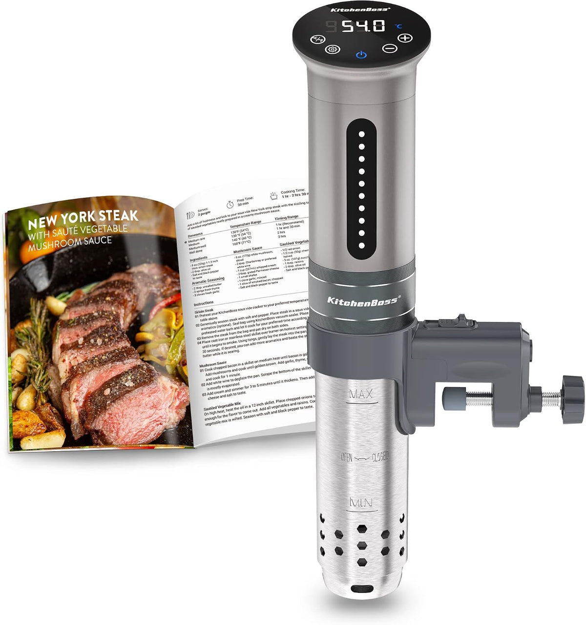 Urządzenia do gotowania próżniowego KitchenBoss – IPX7, 15 x 25 cm, 230 V, 1100 W – Srebrny/Czarny, zegar z ekranem dotykowym, srebrny