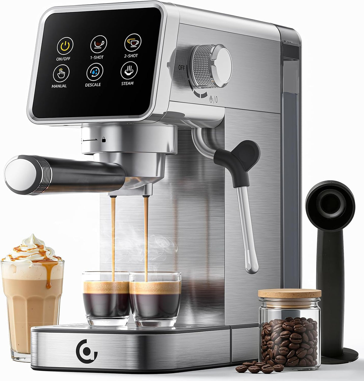 Maszyny do espresso-parowego AMZCHEF, 1.2 l, 1350 W – 20 bar, Srebrny, stal nierdzewna, Maszyna – dotyk, duży zbiornik, do pianki mlecznej