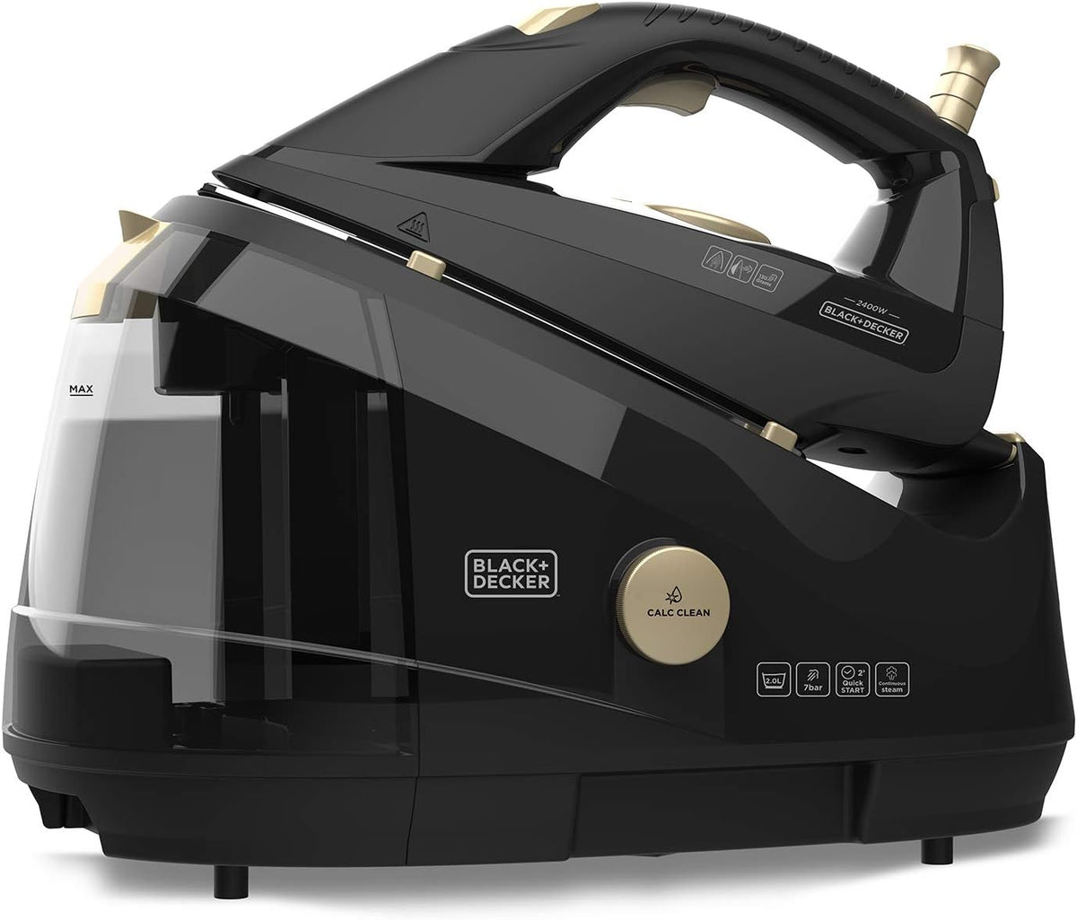 BLACK+DECKER Generator pary, BXSS2400E – 2 l, 2400 W, 130 g, Czarny – czarny+DECKER, duży zbiornik, czarna, ciągła para 130 g / min – ciśnienie 7 bar
