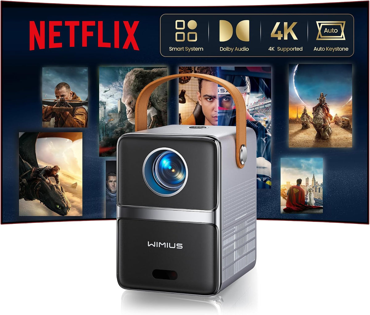 Projektor WiMiUS, 1080P, Czarny/Szary, Bluetooth – Wi-Fi, Wbudowane aplikacje WiFi i Bluetooth, przenośny 4k kina domowego na